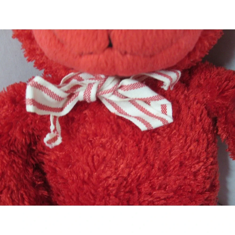 Red plush teddy bear white red striped bow black‎ thread nose 15